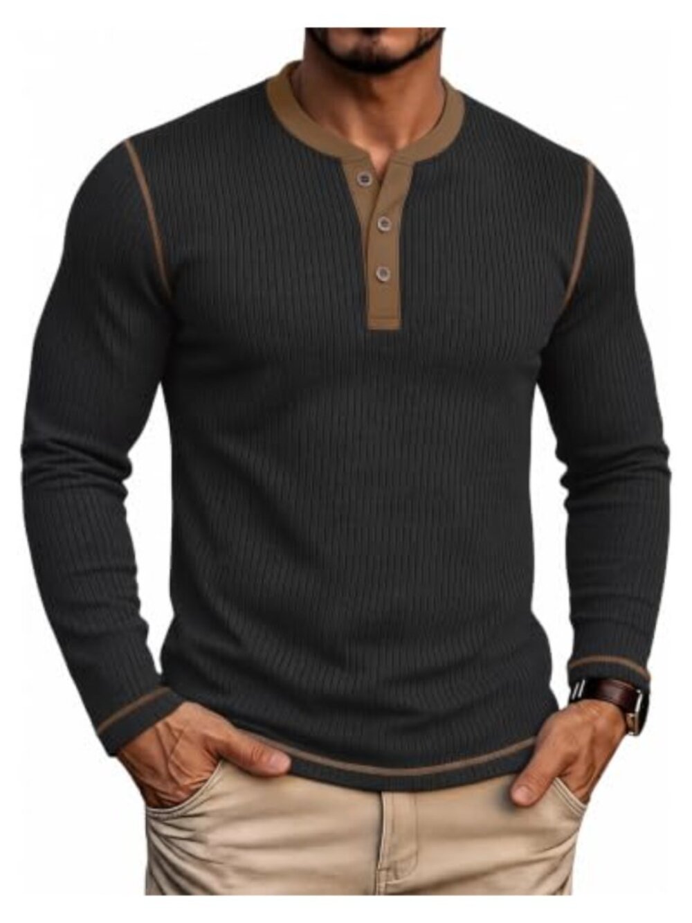 Men's Long Sleeve Ribbed Henley Shirt Button Up Stretchy Casual